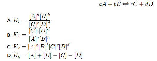 <p>which of these is the correct equation for the equilibrium constant (Kc)?</p>