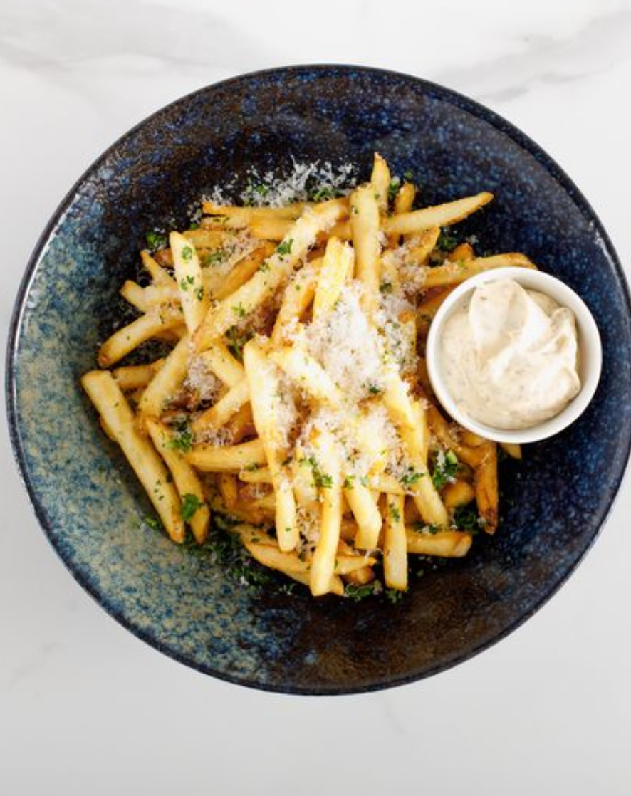 <p>grana padano cheese, truffle oil, parsley, garlic mayonaise.</p>