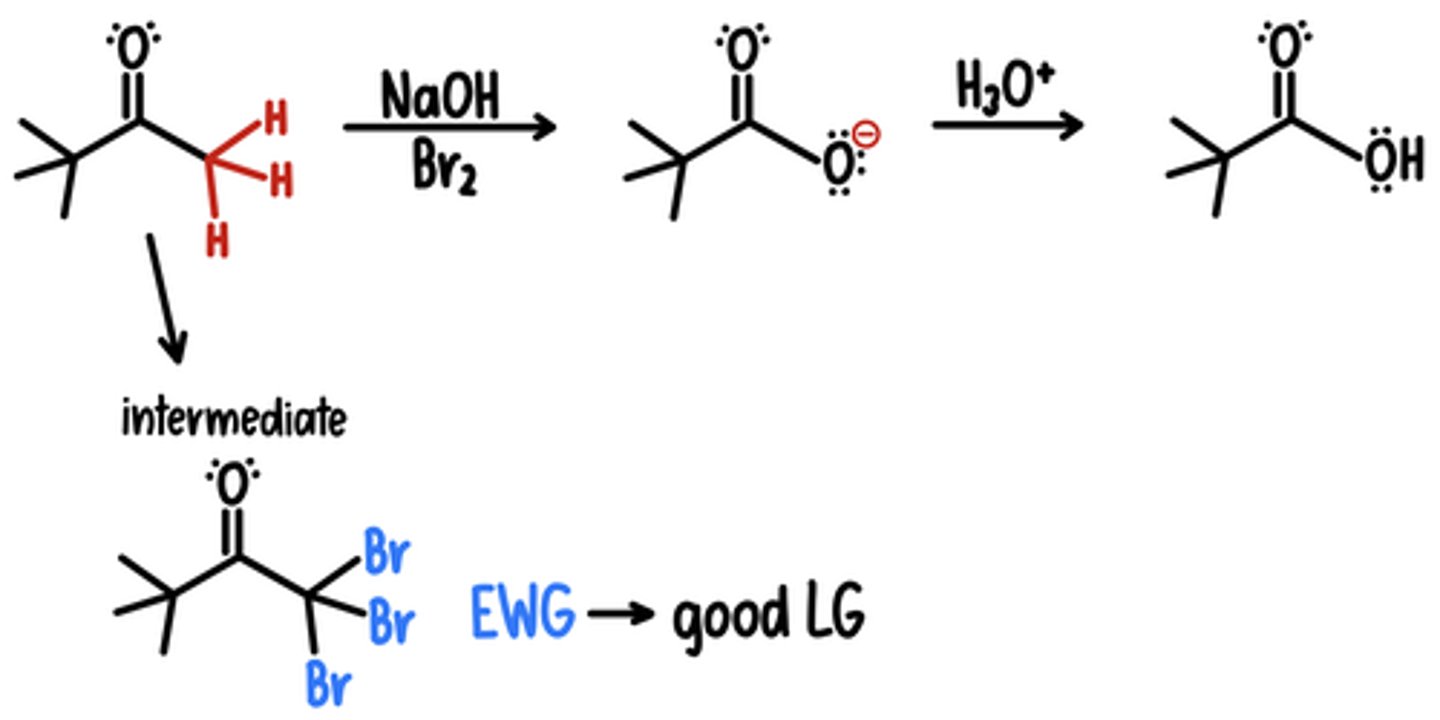 <p>Starting Material: Tribromomethyl</p><p>Haloform Reaction → Carboxylic Acid</p><p>Reagents: 1) NaOH, Br2 / 2) H3O+</p><p>Intermediate: -CBr3 (good LG)</p>