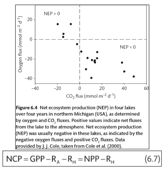 <p>See Figure 6.4 and Eqn 6.7 above. Why is there an apparent inverse correlation between fluxes of carbon dioxide and oxygen in these lakes?</p>