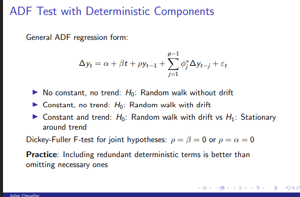 <ul><li><p>For <strong>ADF</strong>, we <em>want</em> to reject <span><span>H_0</span></span> (p-value < 0.05) to prove stationarity.</p></li><li><p>For <strong>KPSS</strong>, we <em>want</em> to keep <span><span>H_0</span></span> (p-value > 0.05) to claim stationarity.</p></li></ul><p></p>