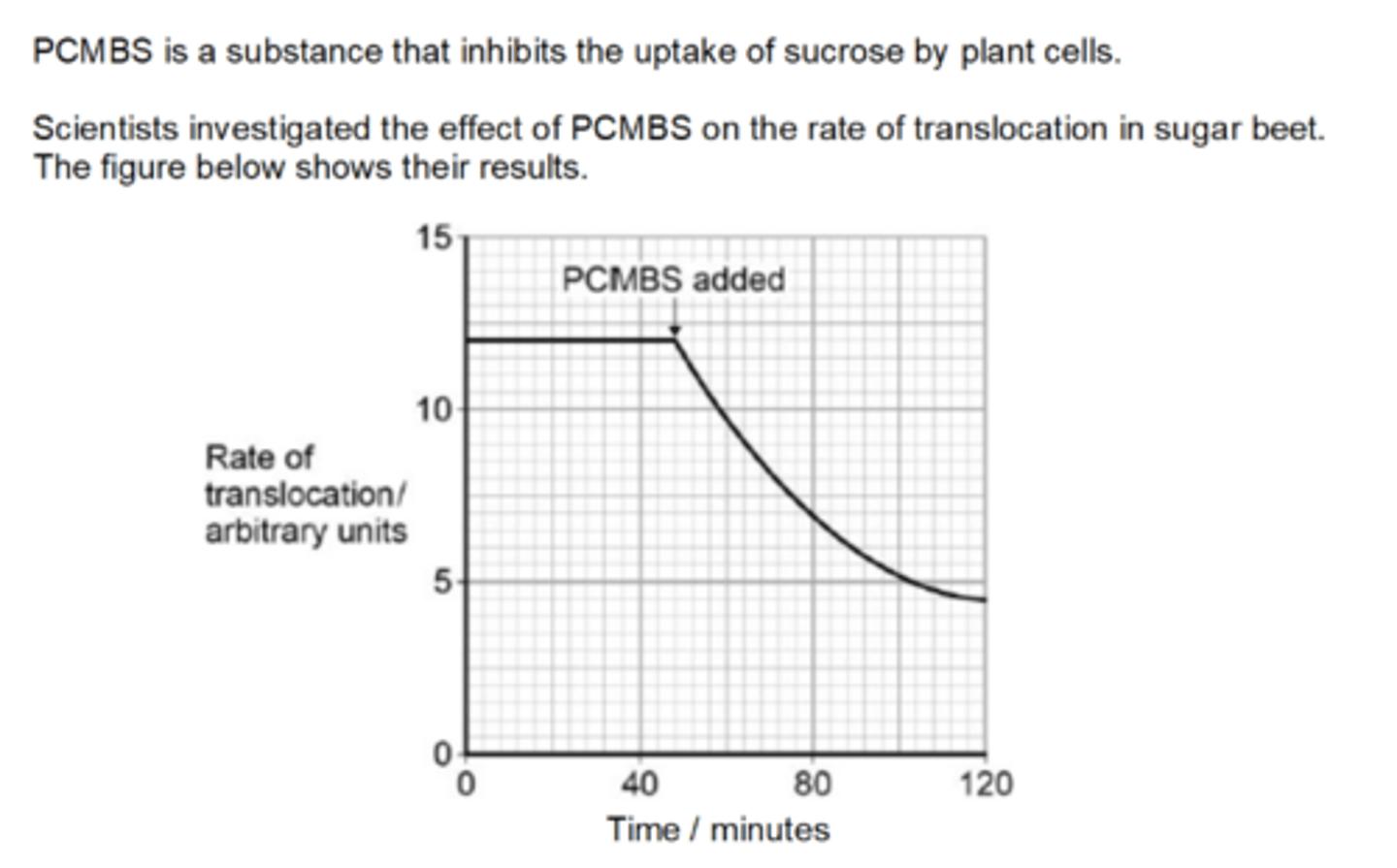 <p>1. Rate of translocation does not fall to zero / translocation still occurs after 120 minutes;</p><p>2. But sucrose no longer able to enter cytoplasm of phloem cells.</p><p>So if translocation only happened inside the phloem cells (through the living cells), adding PCMBS should stop translocation almost completely. But the graph shows the rate drops a lot, then levels off at a lower value - meaning some translocation is still happening.</p><p>That “still happening” bit supports the idea that some translocation must be going through the spaces in the cell walls (the apoplast), because that route doesn’t rely on the cell’s carrier proteins, so PCMBS wouldn’t block it.</p>