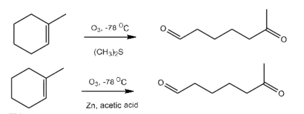 <p>O<sub>3</sub>, -78<sup>o</sup>C / Either Zn, Acetic Acid</p><p>Everywhere a double bond is/ make it an O</p>