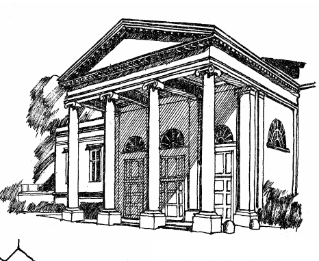 <p>Triangular pediment, greek columns</p>