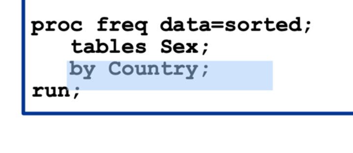 <p>used to request separate analyses for each BY group <br><br>- the data set must be sorted or indexed by the variable(s) named in the BY statement <br><br><b>goes in a proc freq</b></p>