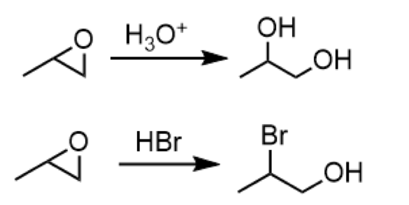 <ul><li><p>reagents: H<sub>3</sub>O<sup>+</sup> or HBr </p></li><li><p>opening of an epoxide to form a dialcohol olecule or a 2<sup>o</sup> carbon with a bromine group and a primary alcohol </p><p></p></li></ul><p></p>