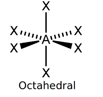 <ul><li><p>Octahedral</p></li><li><p>90°</p></li></ul><p></p>