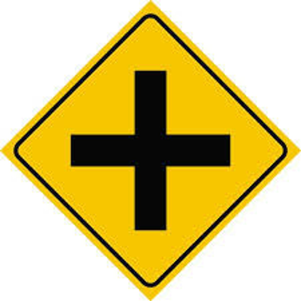 <p>Crossroad ahead. Slow down, look carefully in all directions.</p>
