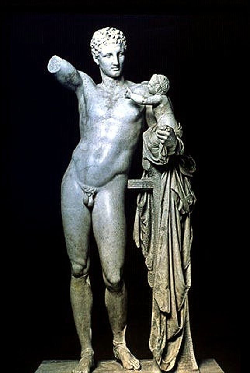 <p>Sculpted by Praxiteles; the statue group represents the period following Dionysus' birth from Zeus' thigh, when the king of the gods handed the infant to Hermes in order to protect Dionysus from the wrath of Hera.</p>