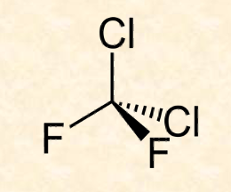 * haloalkane


* very stable; nonreactive; nontoxic (in traditional bioassays)
* survive in atmosphere > 120 years: enough time to reach stratosphere

\
**Uses:**

* refrigeration, foam production
* flame retardant
* aerosol propellants

\
**Problem:**

* ozone depletion in stratosphere → protective O₃ gone → uv radiation hits Earth → uv rays damage DNA → causes thymine dimers → distorted DNA; improper function