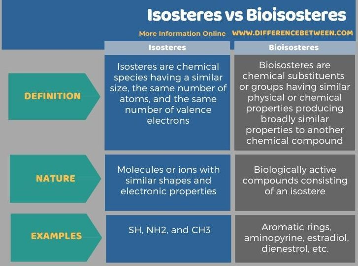 <p><strong>Isosteres: </strong>Compounds with similar shape and charge distribution</p><p><strong>Bio-isosteres: </strong>(broader term) Molecules with nearly the same biological activity due to similar shape and function</p>