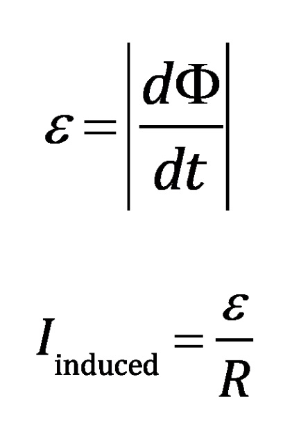 <p>induced emf = the absolute value of the change in magnetic flux over the change in time </p>
