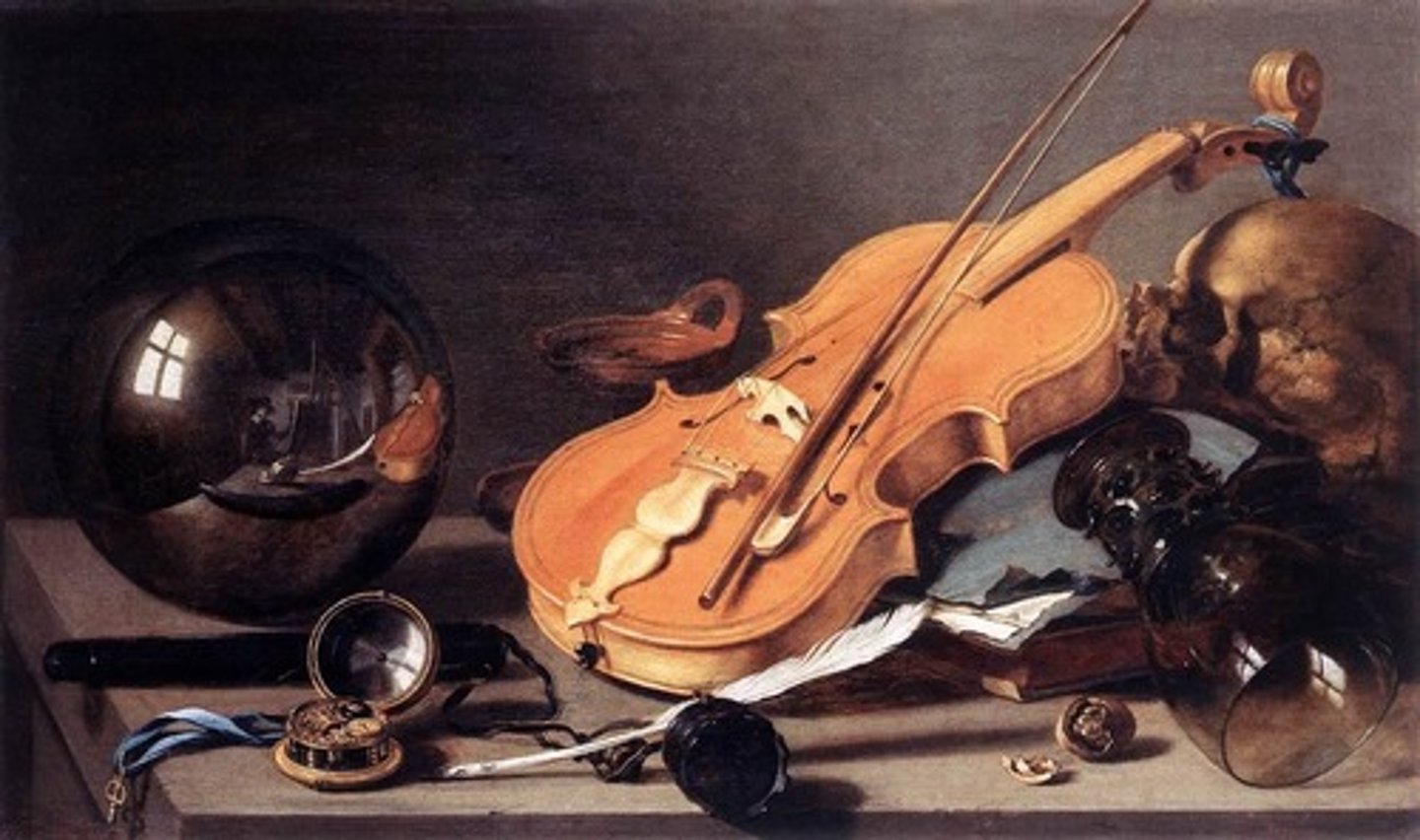 <p>A theme in still life painting that stresses the brevity of life and the folly of human vanity</p>