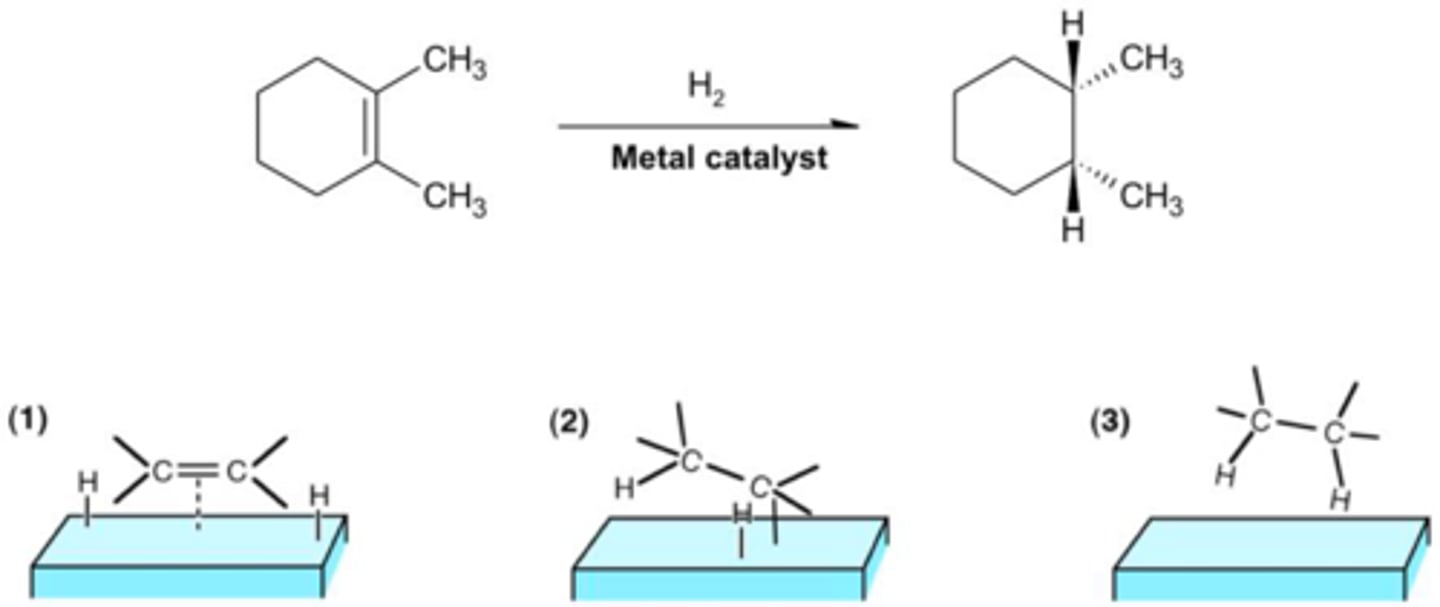 <p>alkene + H2 --&gt; alkane</p><p>carbocation formation? no</p><p>rearrangement? no</p><p>regiochem? no</p><p>stereochem? syn addition</p>