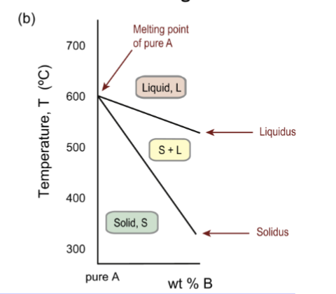 <p>the A-rich end of a binary A–B phase diagram, illustrating partition of the melting point between solidus and liquidus boundaries</p><p>solid is always crystalline; S+L is the freezing range, and both solid and liquid are present</p>