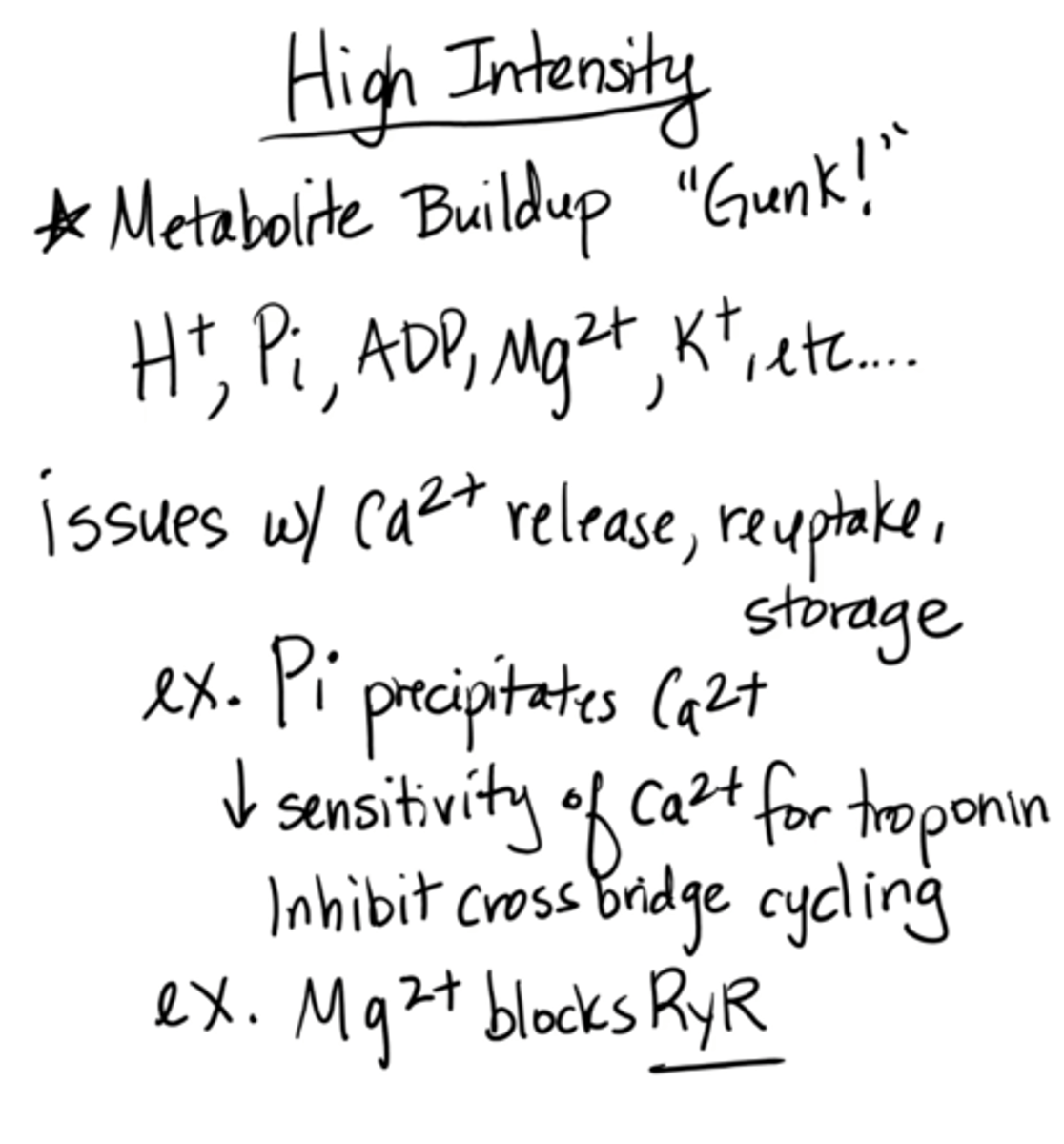 <p>Metabolite buildup "gunk!" </p><p>(H+, Pi, ADP, Mg2+, K+)</p><p>decrease in Ca2+ release, reuptake, storage</p><p>ex: decrease Ca2+ sensitivity to troponin (inhibits cross-bridge cycling)</p><p>ex: Mg2+ blocks RyR </p><p>e.g. benching</p>
