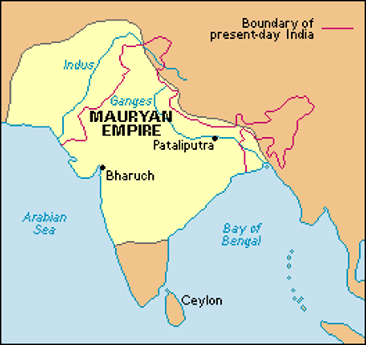 <p>The first state to unify most of the Indian subcontinent. It was founded by Chandragupta Maurya in 324 B.C.E. and survived until 184 B.C.E. From its capital at Pataliputra in the Ganges Valley it grew wealthy from taxes.</p>