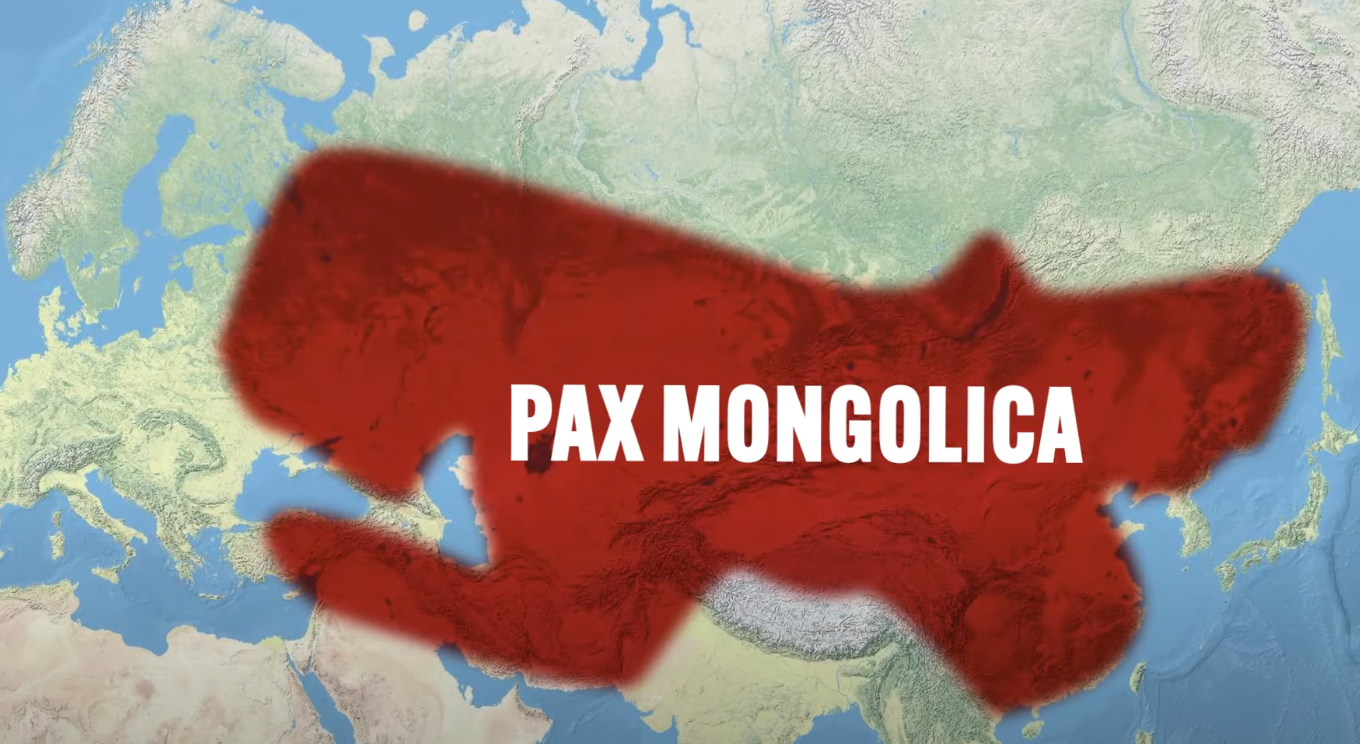 <p><strong>Definition</strong>: The gigantic peace that extended from Europe to Asia under the 100 years of Mongol rule. Mostly conquered by Chingus Khan, but split up to rule his sons &amp; grandsons. Rulers often adopted their local beliefs, ex: <span style="color: yellow">Kublai Khan</span> in Yuan China who presented himself as a Confucius ruler in order to gain more popularity.</p><p><strong>Caused by</strong>: 1206, the Mongols were pastoral nomads from the Golgi desert united by Temujin/<span style="color: yellow">Chingus Khan</span>/Genghis Khan, who was able to conquer much of Eurasia with superior weaponry, military tactics, &amp; scare tactics. (Partially because they got lucky and it was the fall of the Song &amp; especially Abbasid, they took Bagdad in 1258) <br><strong>Results in</strong>: </p><ol><li><p><span style="color: yellow">Silk Roads</span> became extremely prosperous because they used to pass through many different countries that were often warring &amp; dangerous, but the Mongols united everyone so now it’s safe. </p></li><li><p>Built bridges/roads &amp; increased <span style="color: yellow">transportation</span> &amp; <span style="color: yellow">communication</span>, ex: Chinese x Persians developing things together via the <span style="color: yellow">Yam system</span> (relay stations set up across the empire)</p></li><li><p>Transfer of culture &amp; technology, such as </p><p>              a. <span style="color: yellow">medical knowledge</span> (from Islamic scholars to Western Europe) &amp; the adoption of the </p><p>              b. <span style="color: yellow">Uyghur Script</span> (adapted by Chingus Khan as the written script of the Mongolian language) as the lingua franca of the empire</p></li></ol><p><strong>Shows</strong>: During the time period between 1200-1450, the Mongol Empire allowed for lots of cultural transfer across Eurasia, even though they krilled a lot of people at the beguining.</p>