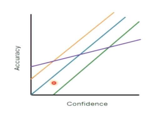 <p>metacognitive accuracy: how much does the confidence actually predict the accuracy</p><p>purple line: confidence behaviour doesn’t tell us much about the actual behaviour</p><p>less info in confidence report</p>