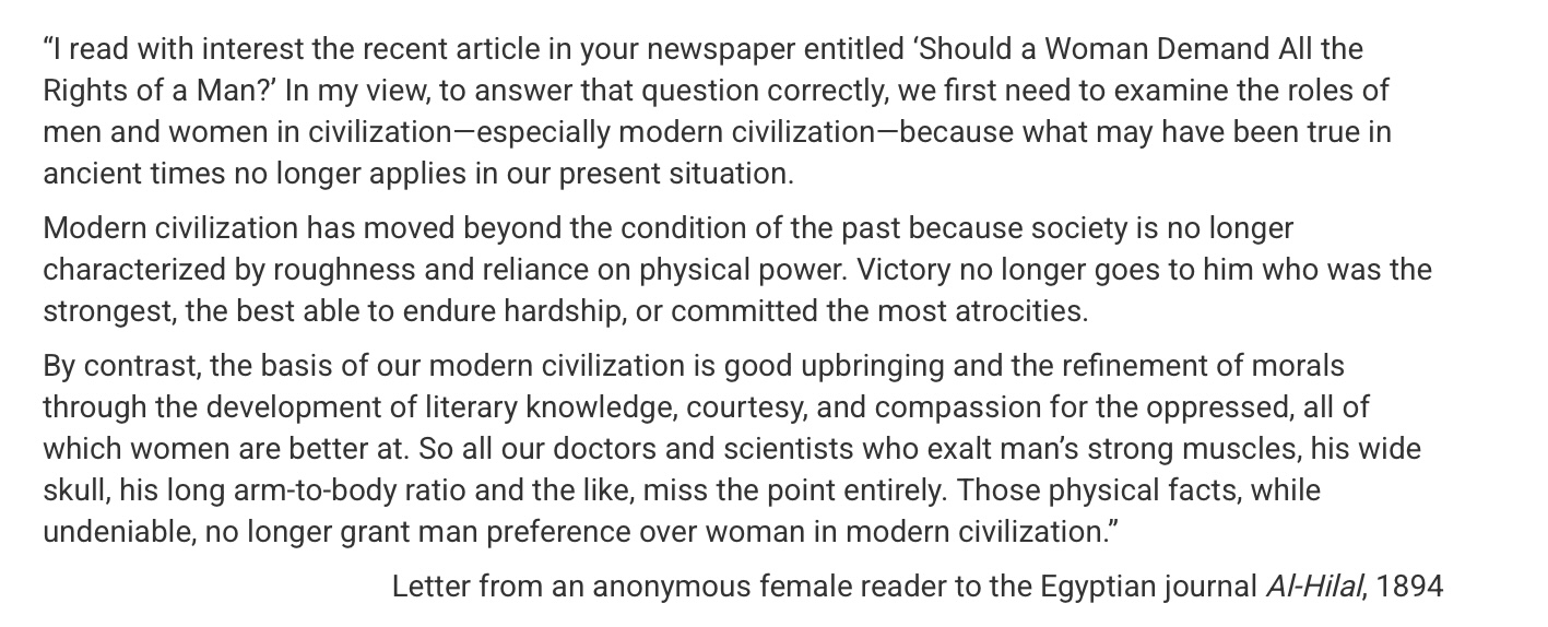 <p>Which of the following groups in late-nineteenth-century Egypt would have been most likely to support the author’s view in the third paragraph about the status of women in “modern civilization” ?</p>
