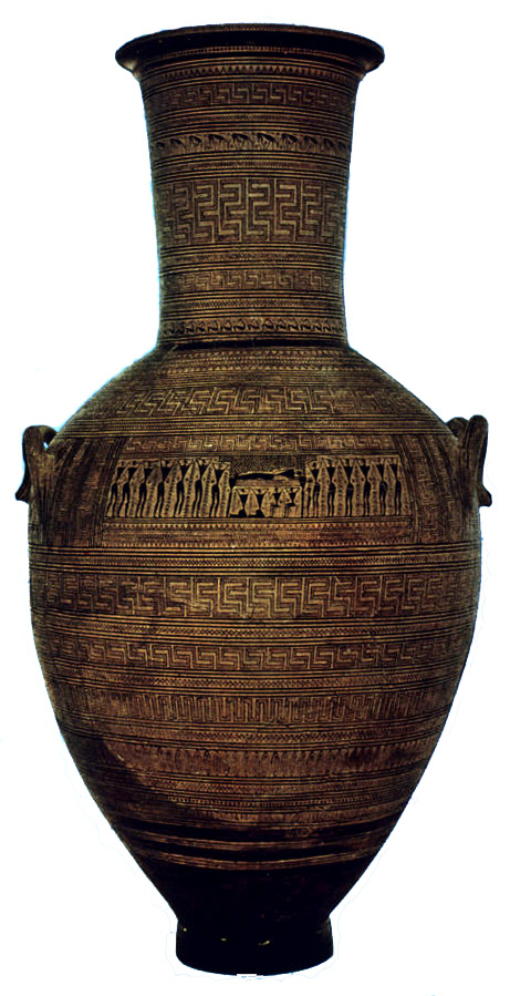 <ul><li><p><span>c. 750 BC, Athens</span></p></li><li><p><span>5’1” tall</span></p></li><li><p><span>geometric patterns and silhouettes</span></p></li><li><p><span>large pots like these were made as grave markers for women</span></p></li><li><p><span>silhouettes depict a funeral</span></p><ul><li><p><span>Female body on a bed with a checkerboard shroud</span></p></li><li><p><span>figures surrounding body with hands on their head (mourning gesture)</span></p></li><li><p><span>female figures wearing skirts</span></p></li></ul></li><li><p><span>animals on neck of the ampher&nbsp;</span></p></li><li><p><span>filling ornaments used to make scene more included in the pattern</span></p></li></ul>