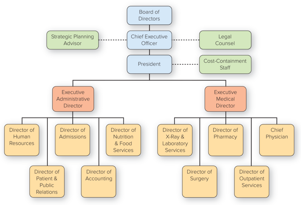 <p>Box and line illustration showing the formal lines of authority and the organization’s official positions or work specializations</p>