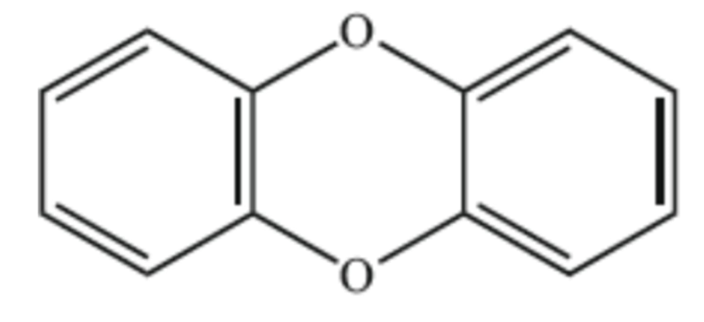 <p>The structural formula of a dioxin is shown below. What is its empirical formula?</p><p>A. C₆O</p><p>B. C₆H₄O</p><p>C. C₆H₆O</p><p>D. C₁₂H₈O₂</p>