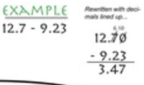 <ol><li><p>line up the decimals</p></li><li><p>fill in the empty spots with zero (not necessary, just helps with visualization)</p></li><li><p>subtract</p></li><li><p>bring down the decimal in answer</p></li></ol><p></p>