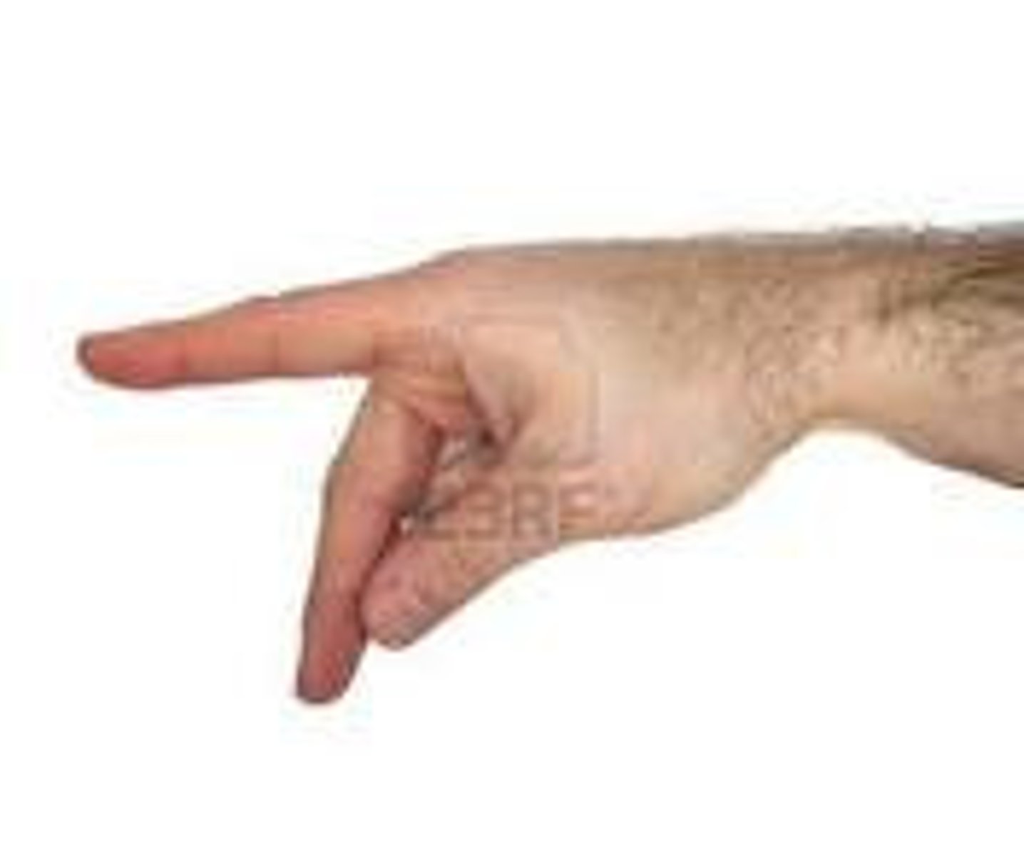 <p>Ring and little finger are folded down. Index finger is straight. Middle finger is straight but pointing forward so that is at 90 degrees to index finger. Tip of thumb is touching middle of middle finger. Hand is turned to the left and twisted over so that index finger is horizontal and middle finger is pointing down. Viewer can (sort of) see a "P" shape formed by middle finger and thumb.</p>