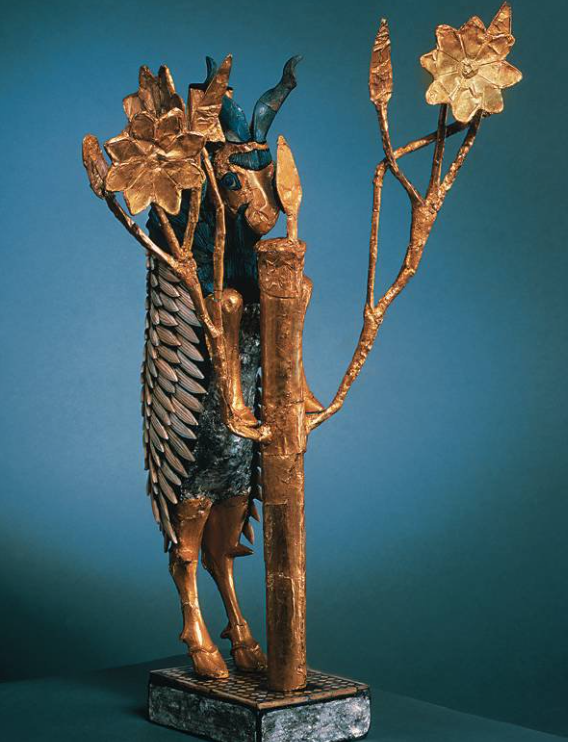 <p>Mesopotamian one of the pair from the Great Death Pit in the Royal Cemetery of Ur, Muqaiyir, Iraq. ca. 2600 bce. Wood, gold, lapis lazuli, height 20&quot; (50.8 cm).</p>