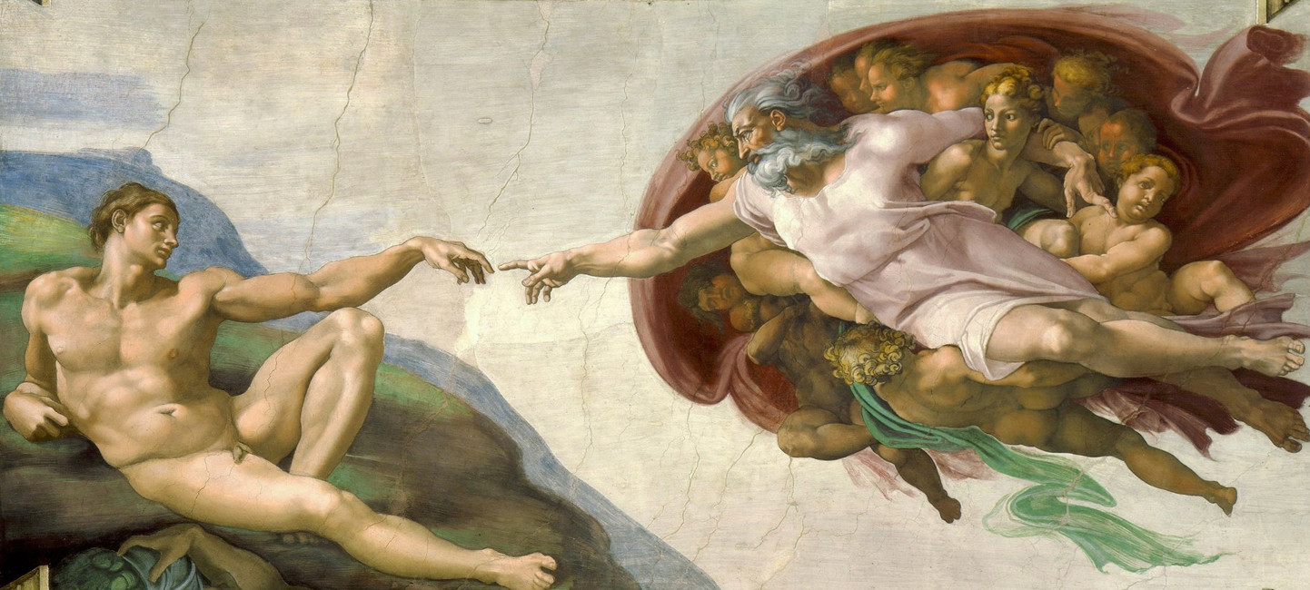 <p>This artwork is on the ceiling of the Sistine Chapel showing the creation of a biblical character of Adam. It is also a fresco painting using chiaroscuro to make the bodies in this piece defined.  </p>