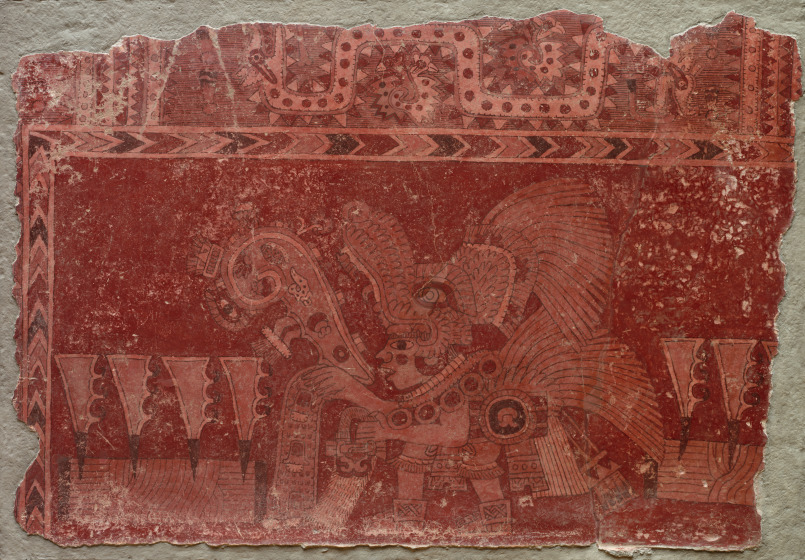 Mural Fragment with Elite Male and Maguey Cactus leaves, 500-550 CE, Teotihuacan, fresco on wall fragment