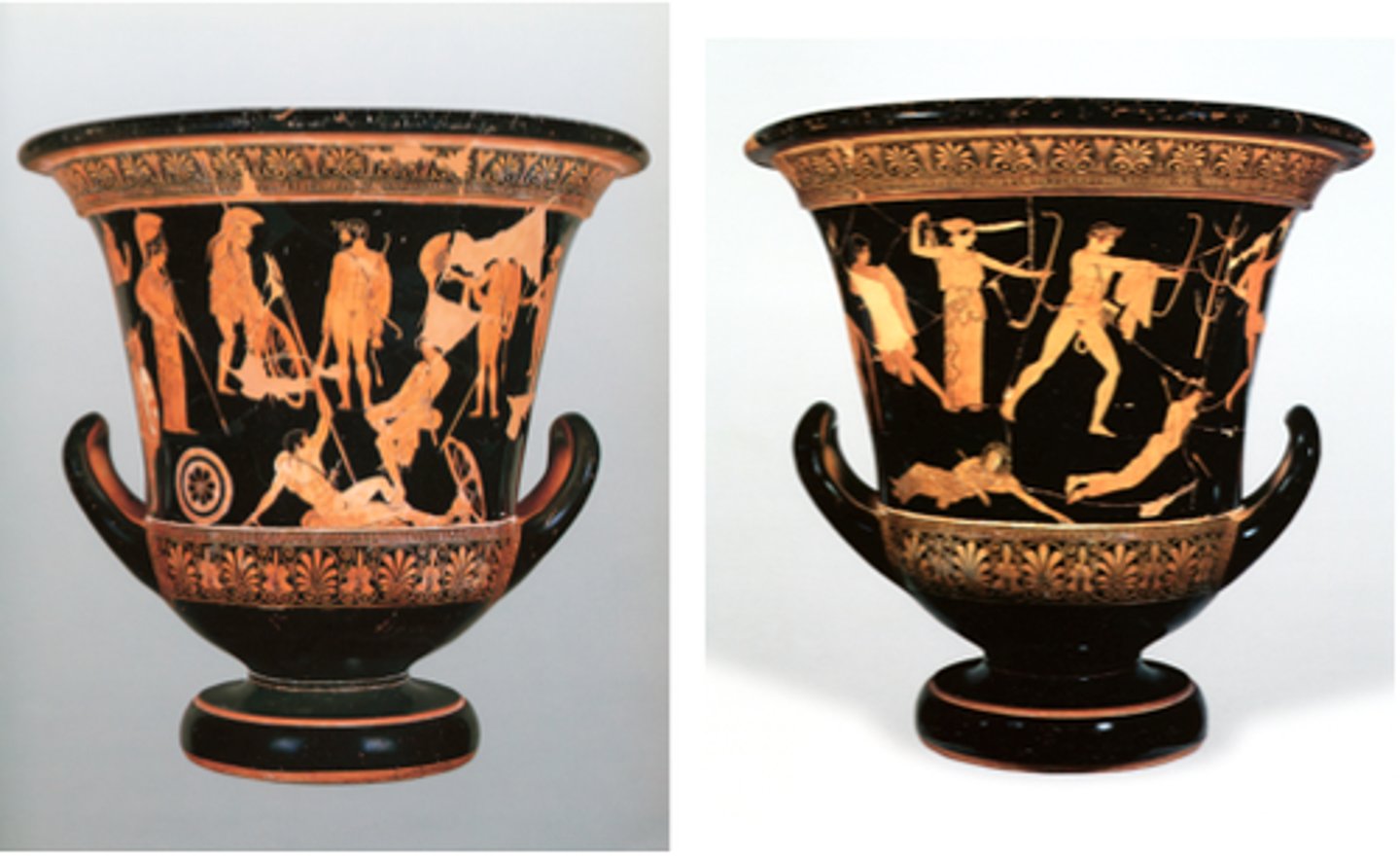 <p>Form:</p><p>-calyx krater (type of painted pot)</p><p>-stiffness in the figures contrast the other relaxed side of the vase</p><p>-sense of depth perception</p><p>-red figure technique with white highlight</p><p>Content:</p><p>-one side: mortal woman named Niobe with 12 children would always brag to the goddess Leto that she had more children so Apollo and Artemis (Leto's children) take revenge for their mother by killing all 12 children</p><p>-other side: Hercules (identified with club and lions skins) is actually a sculpture (contraposta) and Greek soldiers are offering tribute and prayer to protect them before going into battle</p><p>Context:</p><p>-460-450 BCE</p><p>-not signed</p>