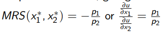 <ul><li><p>Most utility curves are smooth and convex (Cobb-Douglas Equations)</p></li><li><p>At the optimum, the indifference curve and budget constraint will be tangent at the optimum, giving the equimarginal condition</p></li><li><p>Find the marginal utility by differentiating a utility function with respect to one of the arguments, then set the ratio of the marginal utilities equal to the ratio of the prices </p></li><li><p>MU<sub>x1</sub>/MU<sub>x2</sub> = x<sub>2</sub>/x<sub>1</sub>, x<sub>2</sub>/x<sub>1</sub> = p<sub>1</sub>/p<sub>2</sub></p></li></ul><p></p>