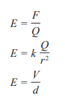 <ul><li><p>The first equation is for a radial field</p></li><li><p>Second is for a field formed by parallel plates</p></li><li><p>V- voltage </p></li><li><p>d- distance between the plates</p></li></ul><p></p>