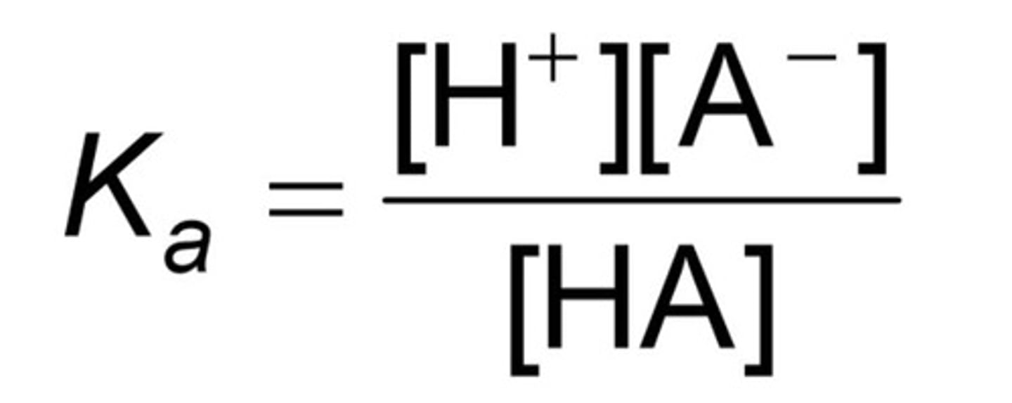 <p>acid dissociation constant; high = likely to dissociate (ionize), small = unlikely/less dissociation</p>