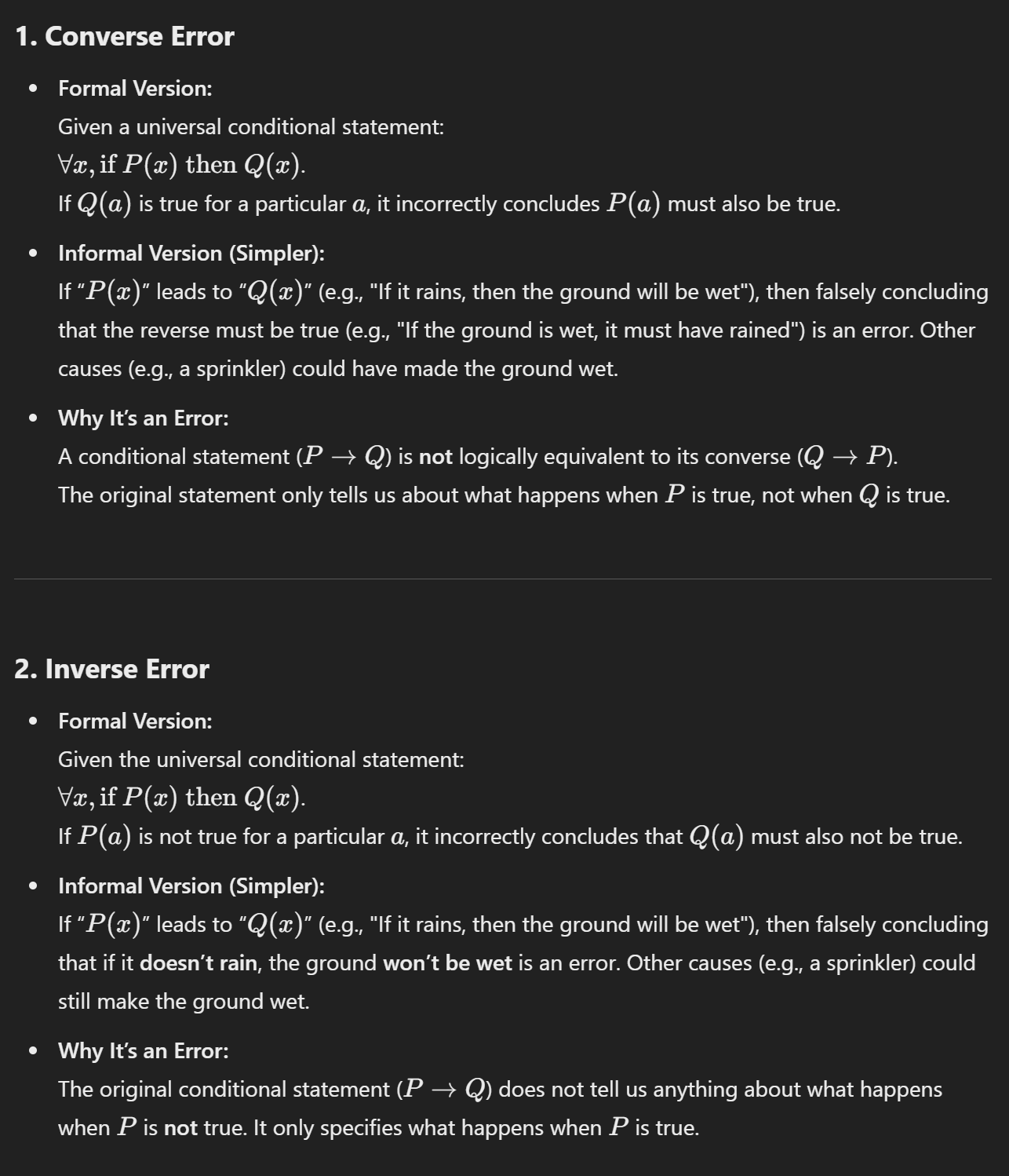 <p>One reason why so many people make converse and inverse errors is that the forms of the resulting arguments would be valid if the major premise were a biconditional rather than a simple conditional.</p><p>(176-177)</p>