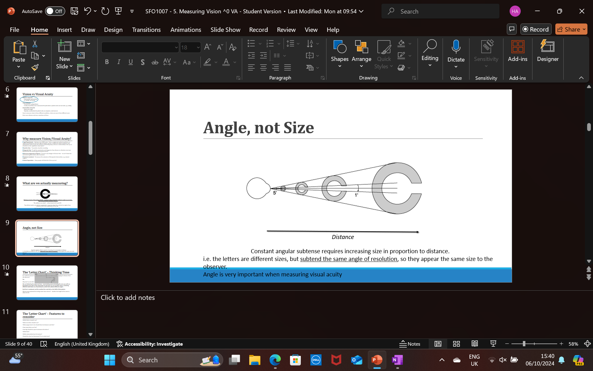 <p>Constant angular subtense requires increasing size in proportion to distance = i.e. the letters are different sizes, but <u>subtend the same angle of resolution</u>, so they appear the same size to the observer</p><p>If you double the distance between an object and an observer, you must double the size of the object, so it will have same angle and therefore look the same size to the patient</p>