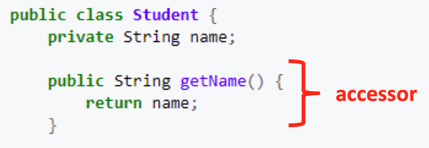 <ul><li><p>type of method returning the value of a private instance variable</p></li><li><p>getter method</p></li></ul>