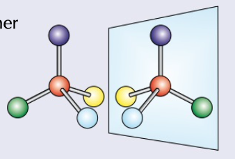 <p>molecules that are mirror images of each other, also called enantiomers</p>