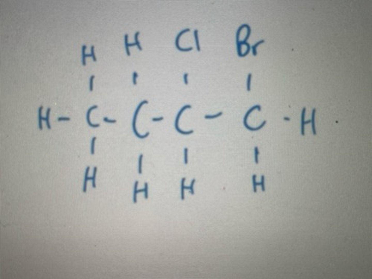 <p>Displayed formula for 1-bromo-2-chlorobutane</p>