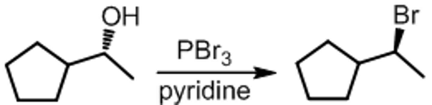 <p>-OH converted to better leaving group, followed by SN2</p><p>-each -Br group replaced by RO-</p><p>- Regiospecific: Br- adds to C(alpha)</p><p>- Sterospecific: C(alpha) inversion</p><p>*1st and 2nd degree ROHs</p>