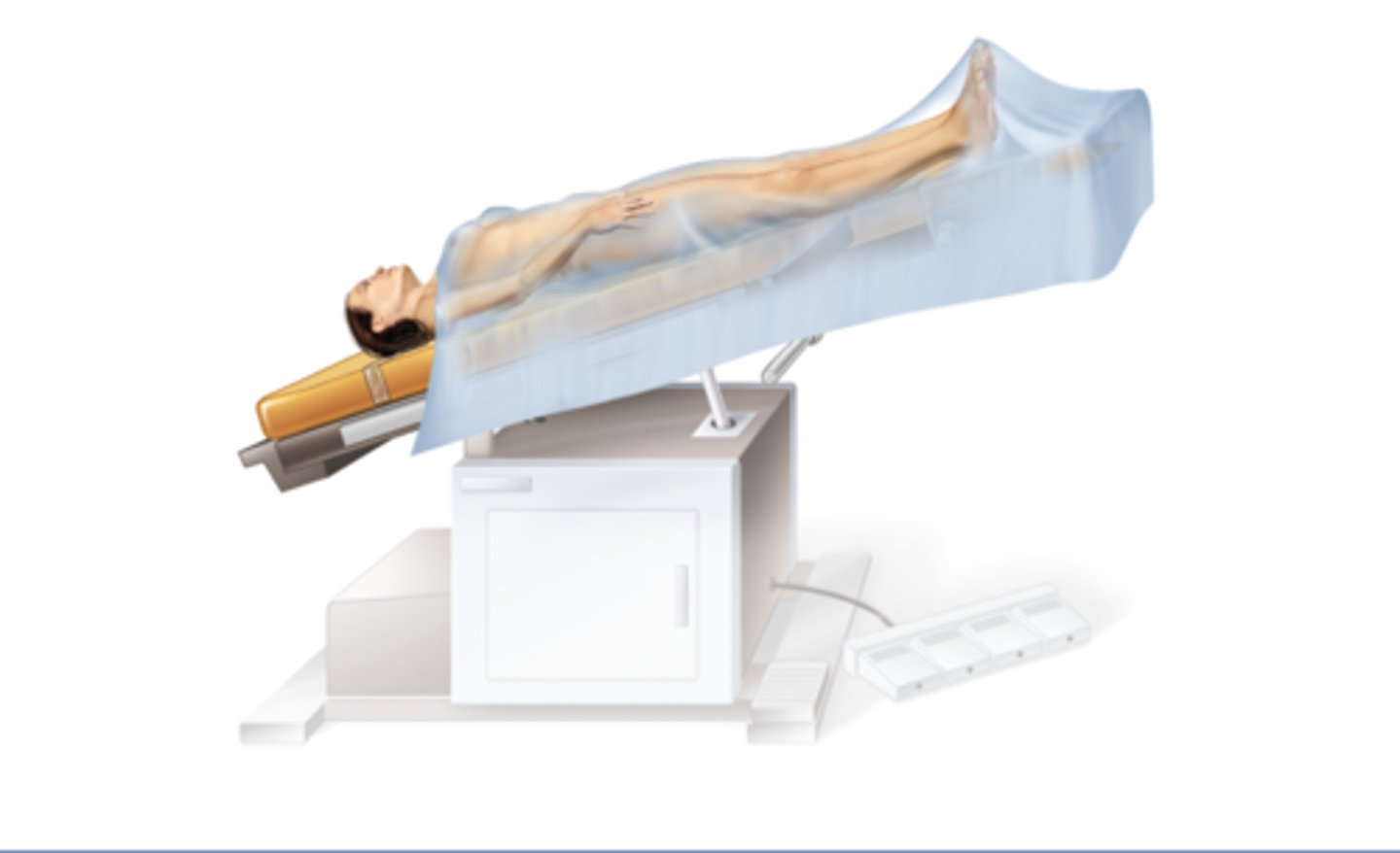<p>Supine position but the end of the table is raised 30-45 degree angle</p>