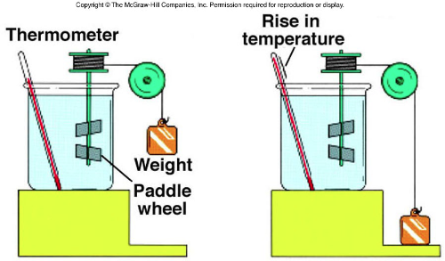 <ul><li><p>Joule’s Experiment involved a falling weight that turned a paddle wheel inside a container of water.</p></li><li><p>As the paddle stirred the water, friction increased the water’s temperature.</p></li></ul><p></p>