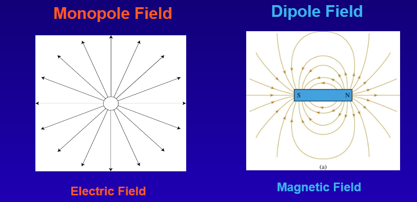 <ul><li><p>A dipole field can be created with multiple electric charges</p></li><li><p>Monopole magnetic fields do not exist.</p><ul><li><p>Break a magnet in two:</p><ul><li><p>NO individual north and south poles</p></li><li><p>Two smaller magnets, each of which has both a north and south pole</p></li><li><p>It’s impossible to isolate a pole of a magnet</p></li></ul></li></ul></li></ul><p></p>