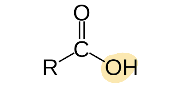 <p>C double bond O with HYDROXYL group and connected to rest of structure. ends in “-oic” </p>