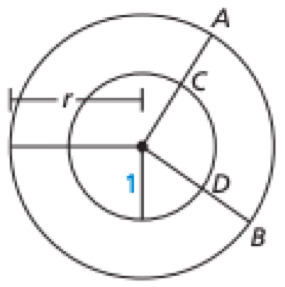 <p>The constant of proportionality, m arc CD / 360 • 2π, is defined to be the _____ ______ of the central angle associated with the arc</p>