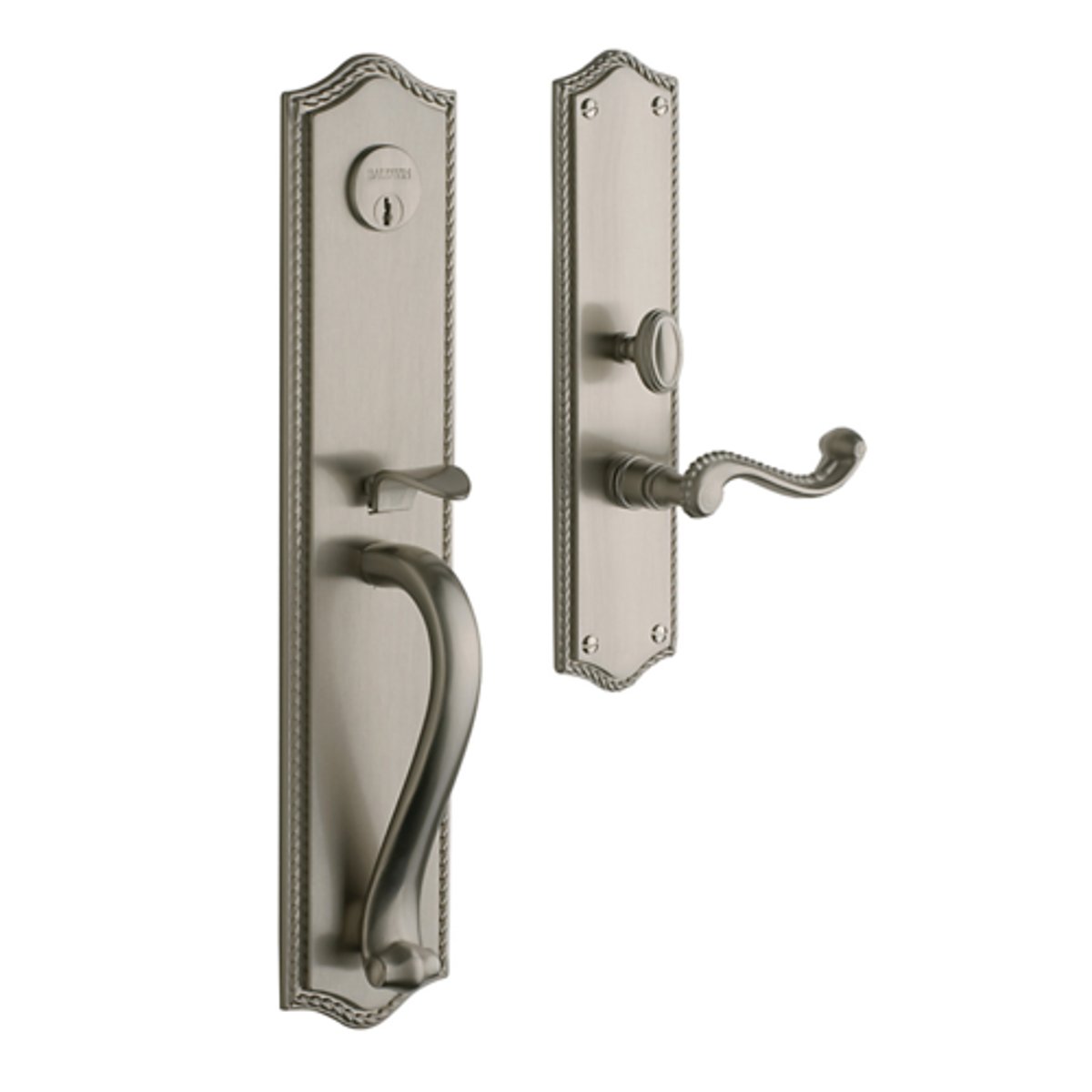 <p>an intricately designed lockset; operated inside with a key and a thumbturn or a universal button which when pushed stays put and locks the door.</p>