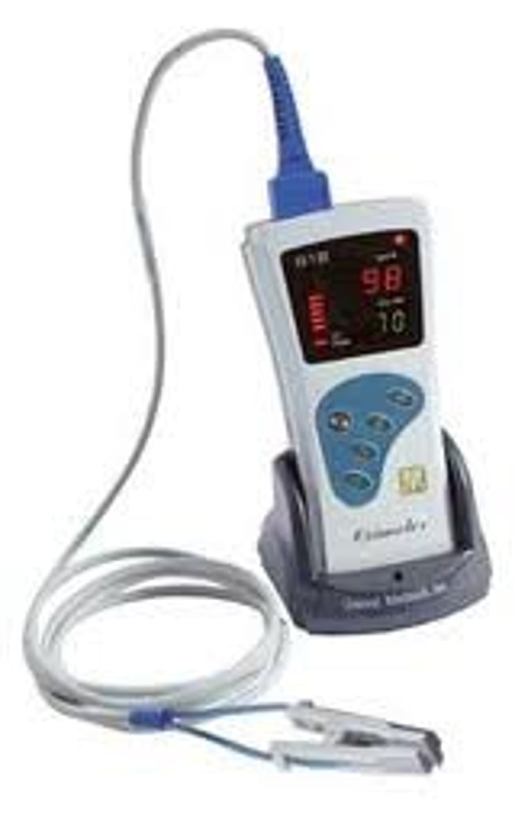 <p>External monitor that measures the oxygen saturation level in the blood. it is attached to the ear or tongue.</p>
