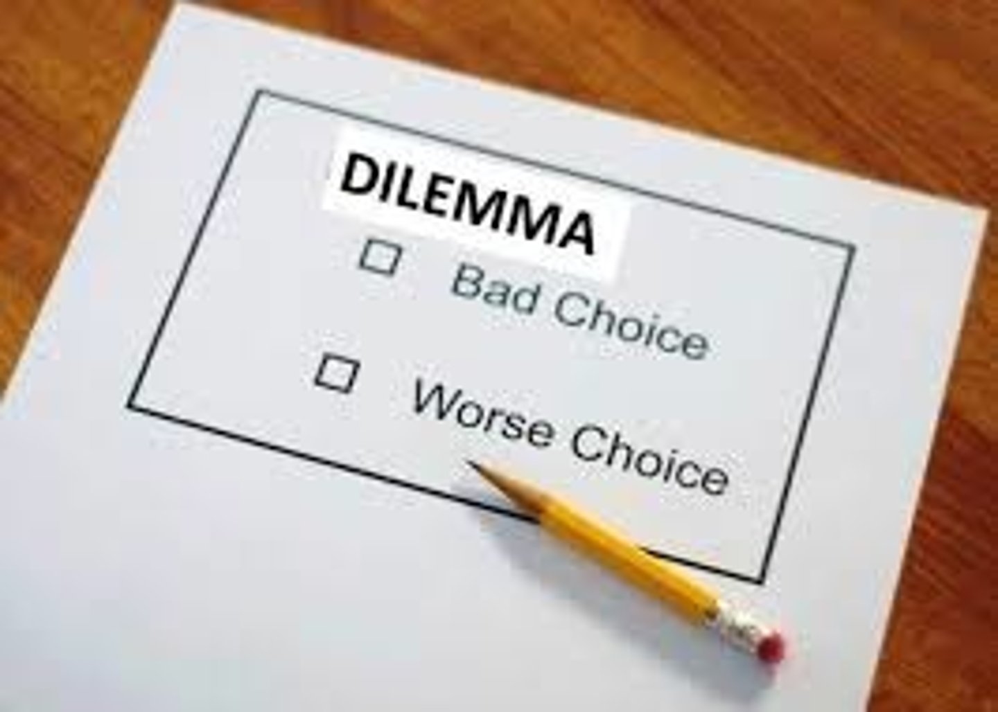 <p>a dilemma (confusion)</p>